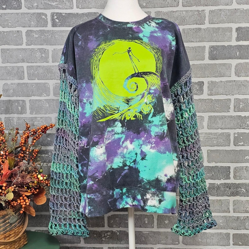 Upcycled Disney Nightmare Before Christmas Sweater Large Crochet Fishnet Sleeves
